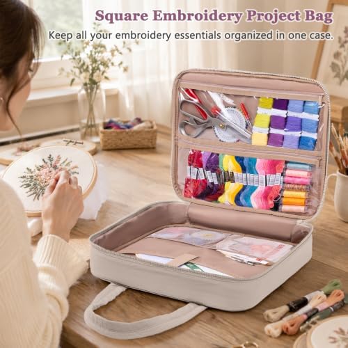 Puffy Embroidery Project Bag, Quilted Embroidery Floss Organizer for Hoops up to 11", Cross Stitch Project Storage Case for Needlepoint Project, Thread & Stitch Tools