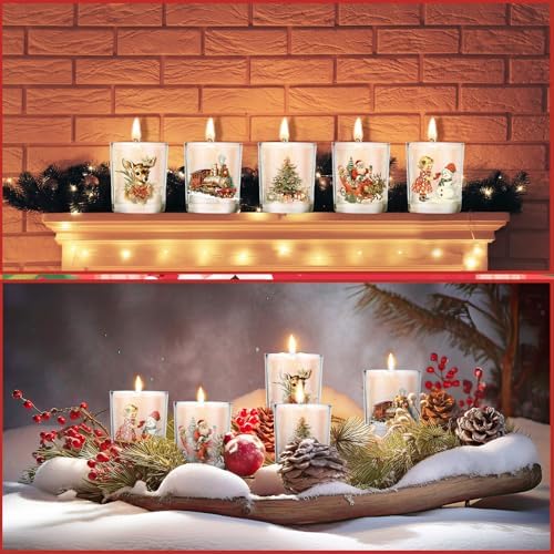 Ziliny 10 Pcs Vintage Christmas Glass Candle Jars Empty Containers Bulk 7 oz Glass Jars with Cork Lids Tins for Christmas Holiday Candle Making Storing Biscuits Tea Party Favors