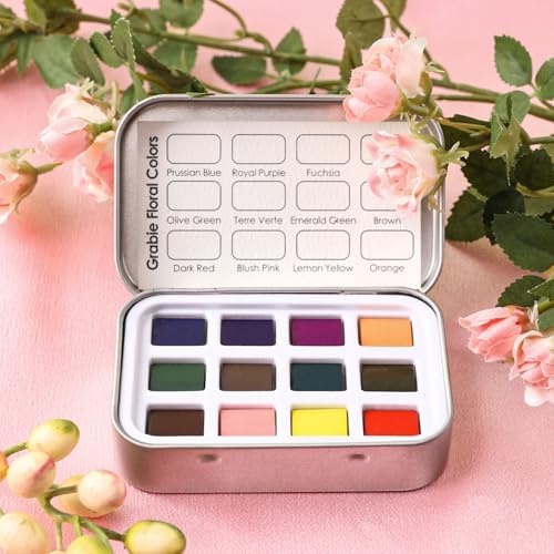 Grabie 12 Color Travel Watercolor Paint Set, Pocket Palette, Floral