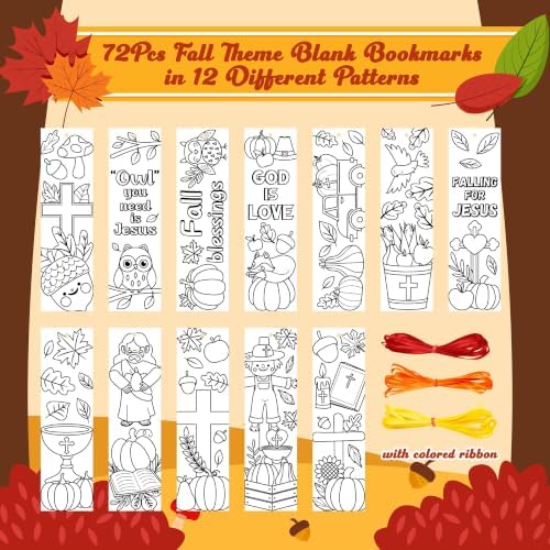 72Pcs Fall Color Your Own Bookmarks, Coloring Blank Bookmarks for Kids