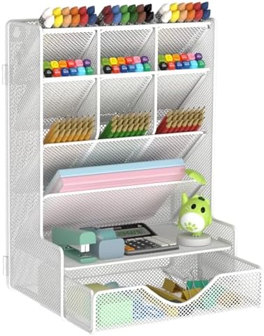 BOHDK Pen Organizer for Desk, Multi-Functional Desk Organizer, Wall Mount Pen Holder with Drawer for School, Office, Home, Art Supplies, White