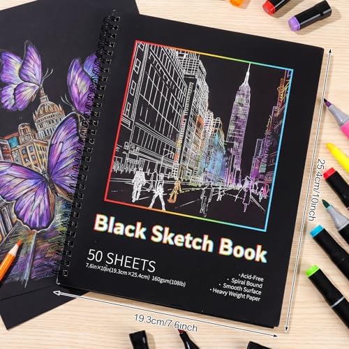 2 Pack Black Paper Sketchbook, 7.6 × 10 in, 50 Sheets, Spiral Bound
