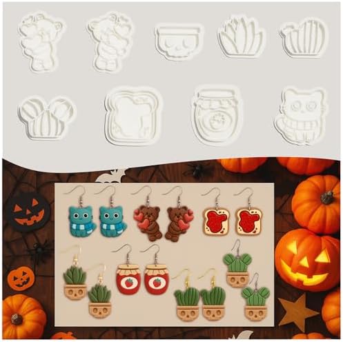 9 Pack Skull Plant Polymer Clay Cutters - Strawberry Honey Jar/Bread Slice/Skull Potted Plant/Balloon Bear/Cat with Scarf, Ideal for Earrings & Earring Cutters