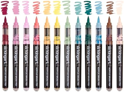 KINGART 12-Piece Cottage Acrylic Paint Brush Tip Marker Set – Flexible Fiber Brush Tips – Smooth Opaque Water-Based Ink for Detailed Nature Illustration and Crafts – 12 Muted Cottage Colors