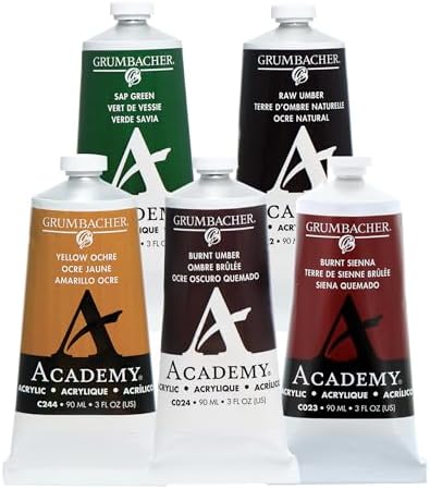 Grumbacher Academy Professional Acrylic Paint Set of 5 90ml Earth Tones Colors - Metal Tubes - Heavy Body Professional Grade Artist Paint with Genuine and Pure Pigments - ASTM Lightfast Colors