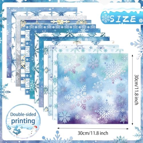 Konsait 24 sheets Winter Scrapbook Paper 12x12, Double Sided Blue Snowflake Patterned Paper Christmas Cardstock Snowflake Winter Origami Papers for DIY Crafts Card Making Scrapbook Supplies