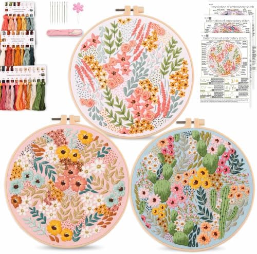 Harimau Beginner Adult Embroidery Kit, All-in-One Starter Pack with 3 Patterns, 3 Hoops, Scissors, Needles, Instruction Manual & Stitching Video Guides