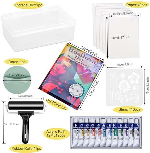 Reusable Gel Printing Plate Kit, Complete Printmaking Set with 5" X 7" Gel Plate, Acrylic Paint, Paper, Baren, Rubber Roller, Stencils and Storage Box, Easy Clean Plate, Creative Art DIY Printmaking