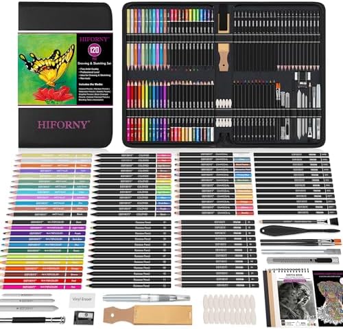 HIFORNY 120 PCS Drawing Set Sketching Kit, Art Supplies with 3-Color Sketchbook,Coloring Book,Rainbow,Colored,Watercolor,Metallic,Graphite,Black & Colored Charcoal Pencils,Blending Tools and More