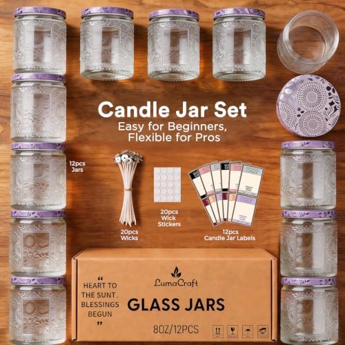 LumaCraft Luxury Embossed Glass Candle Jars for Making Candles - 12 Pack 8oz Empty Candle Containers with Airtight Metal Lids, 20 Wicks & 20 Stickers, Colored Glass Jars for Gifts & Decor