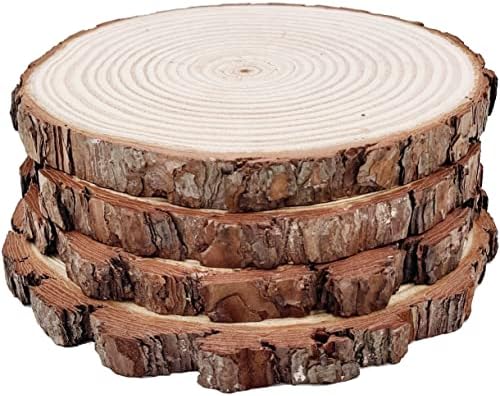 Natural Round Discs Rustic Wood Slices 4 PCS 8.2-9 inch Unfinished Wood kit Circles Crafts Tree Slices with Bark Log Discs for DIY Arts and Wedding Party Potluck Banquet Ornaments Decorations