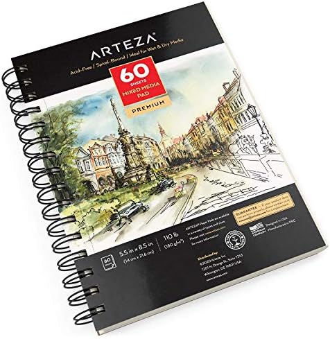 ARTEZA Mixed Media Sketchbook, 5.5 x 8.5 Inches, Pack of 1, 60 Sheets, Micro-Perforated Spiral-Bound Paper Pad for Wet and Dry Media