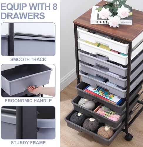 SYKIARIOL Rolling Cart with Drawers,8 Drawers Utility Cart,Grey Gradient | Craft Organizers and Storage with Wooden Tabletop for Living Room,Classroom,Bedroom,Bathroom,Dorm,Office