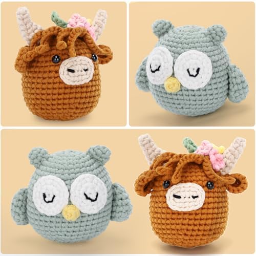 CrochetBox Crochet Kit for Beginner, Highland Cow and Owl Learn How to Crochet Stuffed Animals Gift for Adults and Teen(), Knitting Set with Yarn Hook Stitch-by-Stitch Video Tutorial