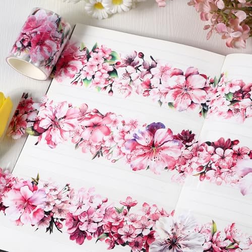 Sitsink PET Tape for Journal Scrapbooking - Pink Flower Cherry Junk Journal Tape for Scrapbooking Decor, Phone Case Notebook Card Crafts