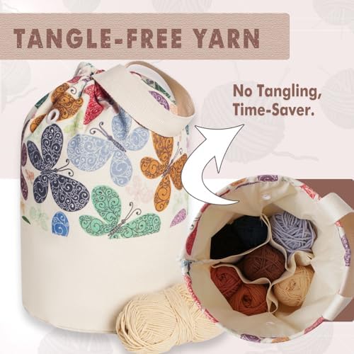 TOGETRUE Yarn Bag, Knitting Crochet Bag, Portable Yarn Storage Bags Organizer for Crocheting Project, Store Skein Ball, Short Knitting Needle (Medium, Butterfly)