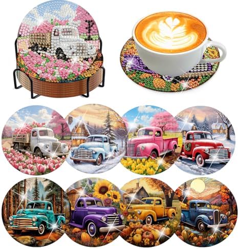 8 Pcs Diamond Art Coasters Kit for Adult with Holder, Diamond Coaster 4x4in