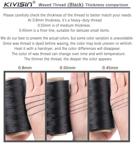 Bonded 0.8mm Round Waxed Polyester Cord, 3-ply Wax Coated Thread, 197 Yards Stiff String for Heavy Duty Fabric, Leather Sewing, Book Binding, Upholstery Repair, and Macrame Jewelry - Black
