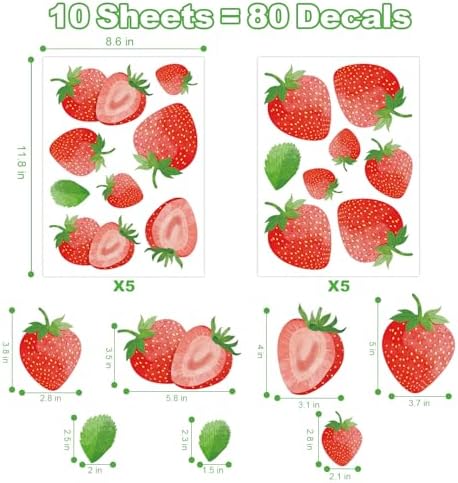 AOWDIAO 80 Pcs Strawberry Wall Decals – Peel and Stick for Bedroom, Kitchen, Bathroom & Nursery – Cute Strawberry Decor for Home & Party