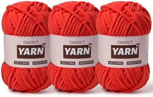 3 Packs Plush Chenille Chunky Crochet Amigurumi Yarn - Baby Yarn for Crocheting Soft - Fluffy Velvet Knitting for Blankets Crafts 150g / 196.8yds (3 Red)