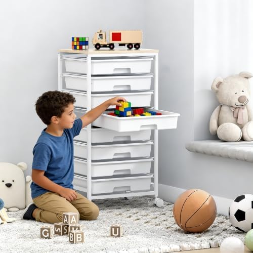 SYKIARIOL Rolling Storage Cart with Drawers, 8 Drawers Utility Cart,White | Rolling Drawer Cart with Wooden Tabletop,Storage Drawer Cart for Living Room,Classroom,Bedroom,Dorm,Office