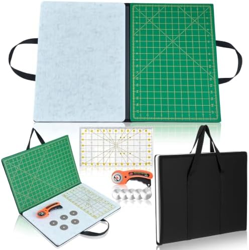 Nuanchu Fold Away Cutting & Pressing Station, 19 x 13 in Large Portable Quilting Sewing Mat Set with Felt Pressing Pad, Self-Healing Cutting Mat, 6.5 x 12 in Ruler, 45mm Rotary Cutter & 5 Blades