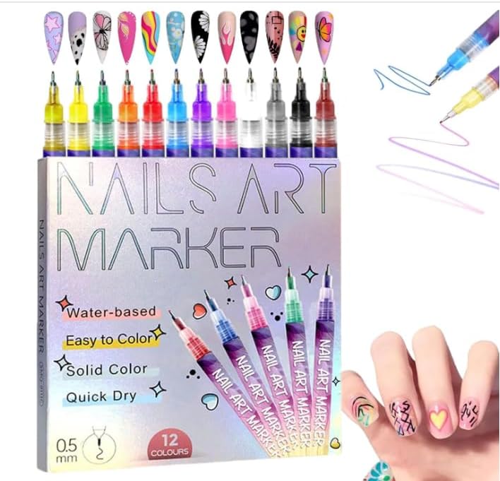 NEW 12 Colors Nail Arts Markers Pens Set, Nail Markers for Nail Arts, Suitable for Nail Arts, Nail Painting, And Artistic Decorations; Suitable for Everyone（12 Colors）
