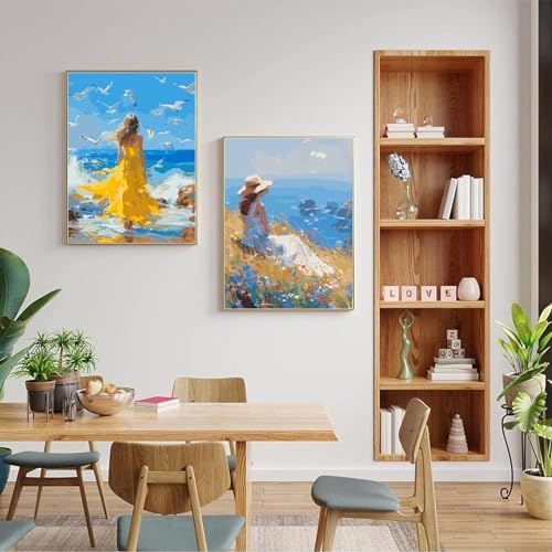 JULOUYN 2 Pack Paint by Numbers Kit for Adults Beginner, Girl Seagull Seascape DIY Canvas Art Kit for Relaxation 16x20 in