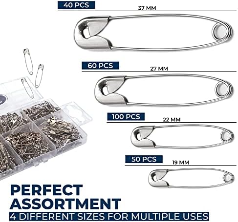 250 Pack Safety Pins by Luxurecourt, 4 Assorted Sizes of Durable, Silver Small and Large Safety Pins Bulk, Rust-Resistant Nickel Plated Steel, Sharp Edge Pins for Clothes, Sewing, Arts & Craft
