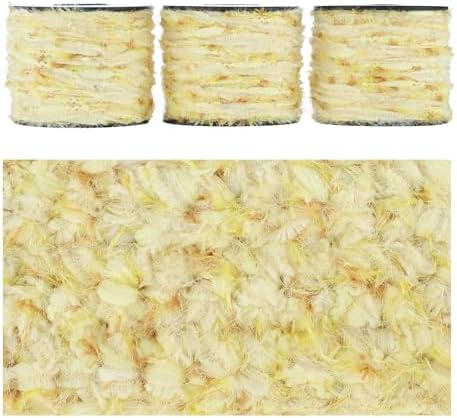 Artisanal Yarn Collection Multifiber Fancy Yarn for Knitting Crocheting Crafts DIY, Set of 3 Rolls (Soft Yellow Feather Weave)