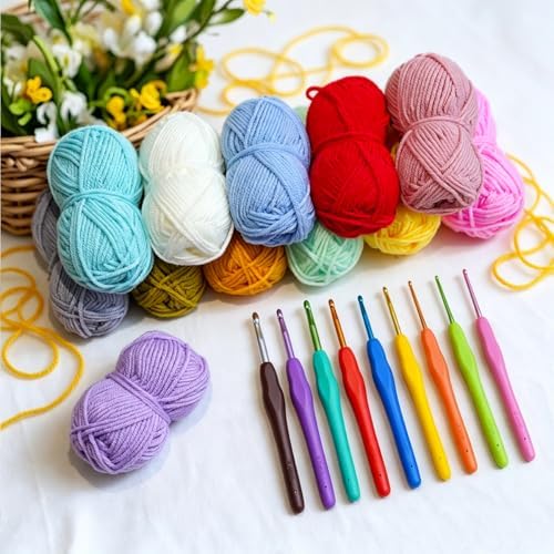 Hntess 118Pcs Crochet Kit for Beginners, Premium Knitting & Crochet Supplies Set with 12 Yarn Spools, 21 Crochet Hooks, 6 Sewing Needles & Storage Case, Complete Starter Crochet Kit for Adults
