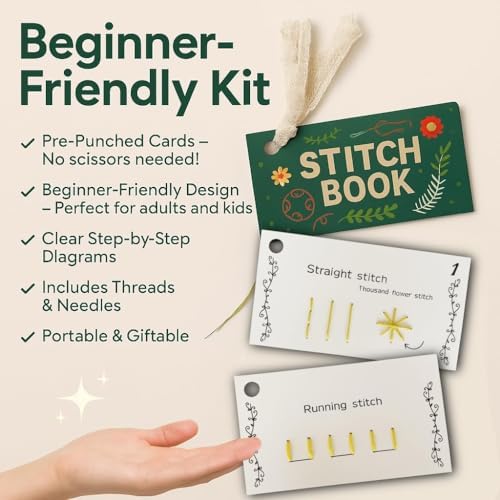Embroidery Kit for Beginners Adults, No Tracing Pre-Punched Stitch Cards, 15 Stitch Practice Set with Video Tutorials, Needles and Thread, Hand Embroidery Starter Kit