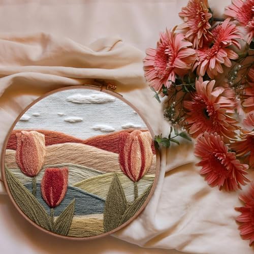FONNUY Embroidery Kit for Beginners, Tulips Flowers Pre-Stamped Pattern Kits for Adults with Hoop, Easy to Follow Color Thread Needlework, 8'' Hoop (Orange)