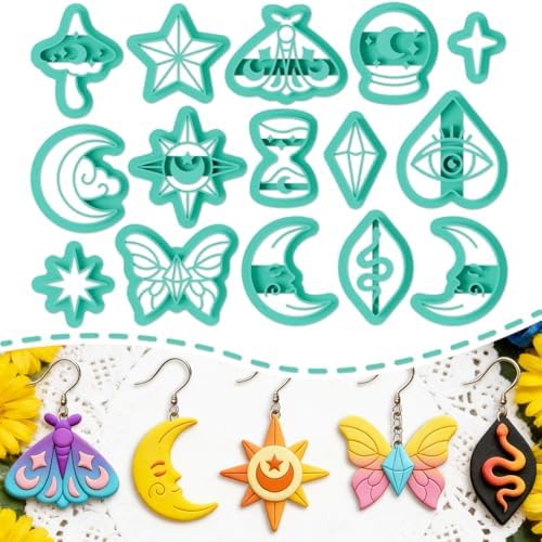 ORIGACH 15 Pcs Mystic Divination Theme Polymer Clay Cutters Set Sun Moon Star Butterfly Shape Earring Clay Cutter DIY Craft Supplies for Earring and Jewelry Making