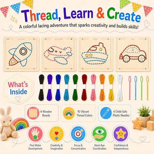 Montessori Wooden Lacing Toys for Toddlers and Kids Ages 2-4 5-7, Sewing Kit Fine Motor Skill Busy Board, Education Sensory Preschool Toy for 1 2 3 4 Year Olds, Birthday Gift for Boys and Girls