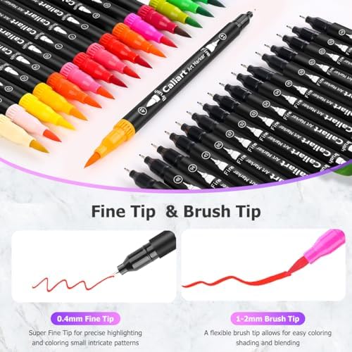 Caliart 34 Double Tip Brush Pens Art Markers for Adult Coloring Books | Artist Fine & Brush Coloring Markers for Journaling Calligraphy Hand Lettering Drawing Teacher Office Art Supplies