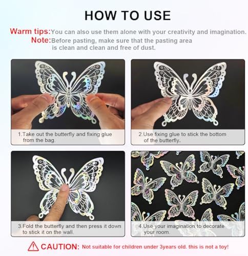 Butterfly Wall Stickers - 60pcs 3D Butterflies Removable Mural Wall Stickers for Home Room Bedroom Decoration Reusable Stickers (Sliver)