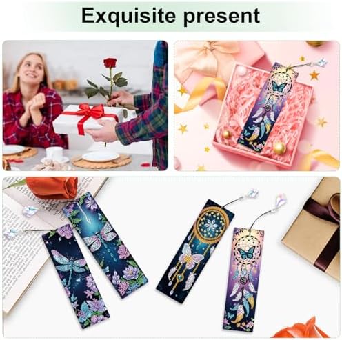 4 Pack Diamond Painting Bookmarks, 5D Dreamcatcher Butterfly Dragonfly Diamond Art Bookmark Kit with Tassels, DIY Beaded Rhinestone Book Mark Craft for Adults Beginners Reading Gift