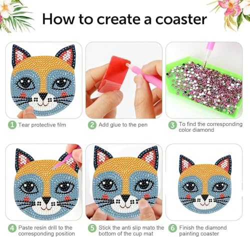 6 Pcs Diamond Art Coasters Kit for Adult with Holder, Diamond Coaster 4x4in