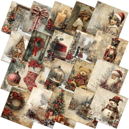 HunnmingRe 20 Pcs 10''x10'' Vintage Red Christmas Quilting Fabric Square Bundle Snowman Precuts Quiltted Fabric Santa Nutcracker Printed Patchwork Supplies for Winter Xmas Patchwork DIY Sewing Craft