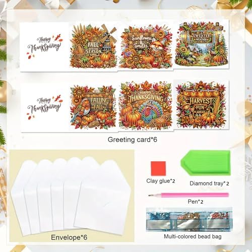 6Pcs Christmas Greeting Card DIY Diamond Art Painting Greeting Cards Blessing Folding Card Kit with White Envelopes Diamond Arts Crafts for Birthday Festival Gift-Pumpkin Text