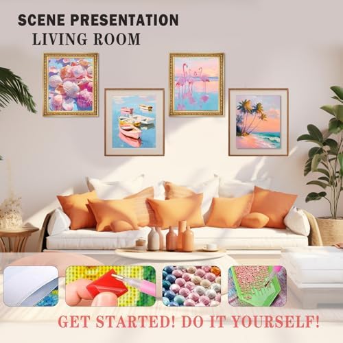 XUNLURY Pastel Ocean Beach Diamond Art Kits 4 Pcs, Pink Flamingo Seashell Tropical Palm Tree Beach Diamond Painting Kits for Adults Beginners, Full Drill Diamonds Dots for Home Decor, 9.8x11.8 Inch