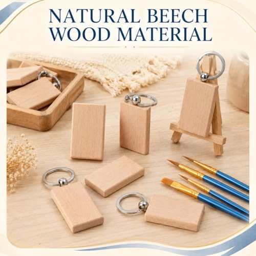 50 Pcs Unfinished Wooden Keychain Blanks Bulk with Oil Painting Brushes, 1.2 x 3.4in Rectangle Wood Laser Engraving Keychain Blanks with Key Rings for DIY Crafts Gift