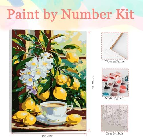 Auremi Lemon Paint by Number Kits with Framed, DIY Flower Paint by Number Canvas for Adults, Easy Acrylic in Canvas with Brushes for Decor 20x30cm