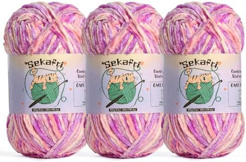 3 Pack of 300g (590yds) Fuzzy Chenille Yarn for Crocheting,Fluffy Amigurumi Crochet Yarn for DIY Craft/Hat/Clothes, Soft Velvet Baby Blanket Yarn（3 Pinkish Purple）