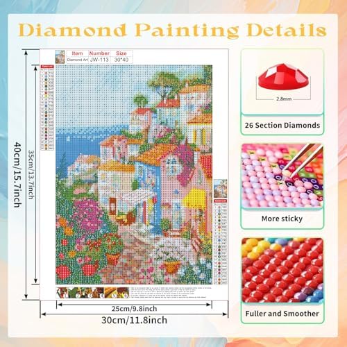 The Flower Town by the Sea Diamond Art Kits for Adults, Diamond Painting Kit for Beginners, Round 5D DIY Diamond Dots art,Full Drill Painting Kit Art and Crafts for Adults Home Wall Decor11.8x15.7inch
