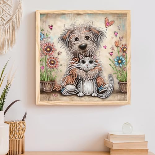 AiYuanzsh 5D Special Shape Diamond Art Kits for Beginners, Diamond Art Painting Kits for Adults, Crystal Rhinestones Diamond Art Painting for Home Wall Decoration Gift 12×12 inch, Cat and Dog
