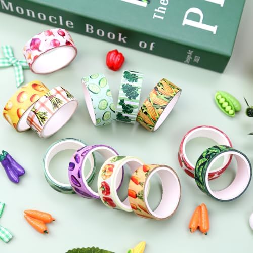Vegetable Washi Tape Set of 12 Rolls, Cute Garden Pattern Decorative Tape, Tomato Carrot Corn Masking Tape for Journaling Supplies, Kitchen Planner, Garden Scrapbooking, Recipe Journal