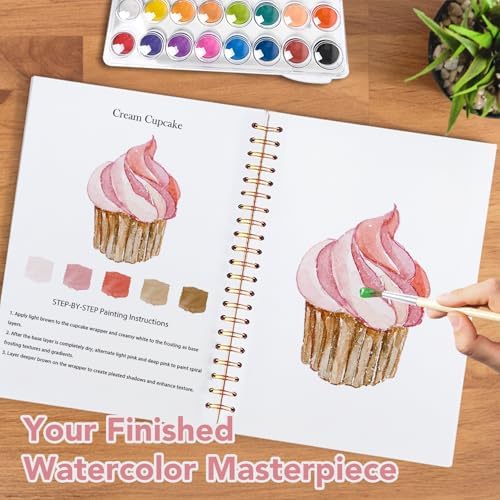 Easy Watercolor Workbook for Beginners - 12 Beautiful Step-by-Step Paintings Water Coloring Book, Includes 16 Colors Paints, Relaxing Art Projects and Creative Gift for Adults & Teen (Candy)