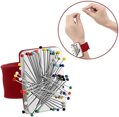 WILLBOND Magnetic Wrist Sewing Pincushion with 100 Pcs 1.5" Pins,Red
